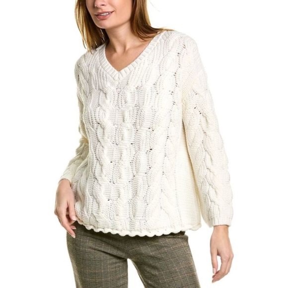 Lafayette 148 New York V Neck Cabled Wool Sweater L